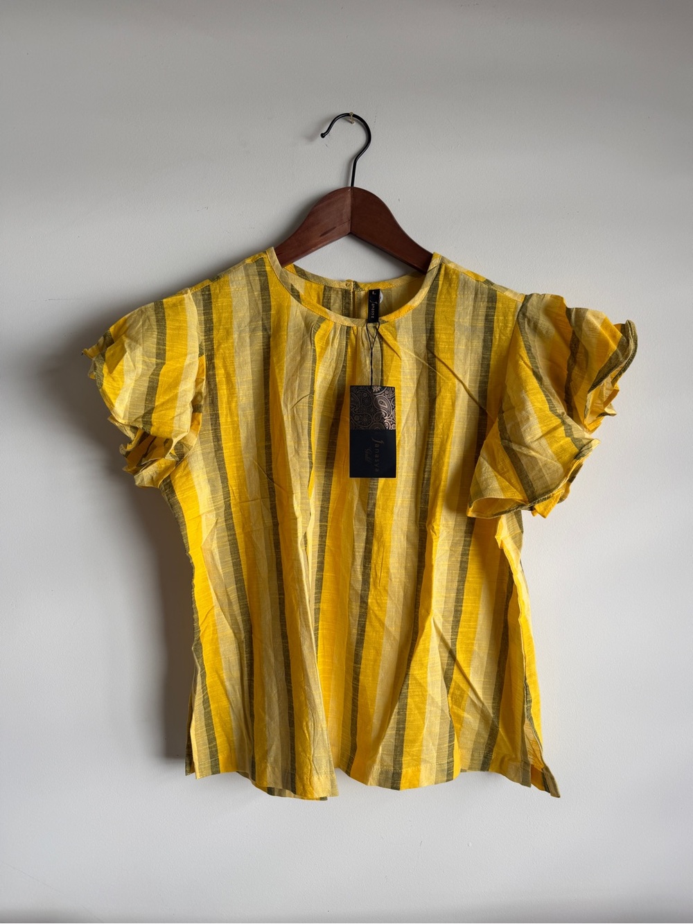Striped Yellow Short-Sleeve Ruffled Blouse